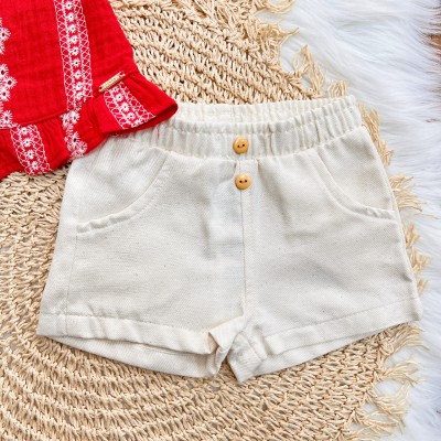 Conj. Batinha em Laise Floral e Short em Sarja - Vermelho e Areia